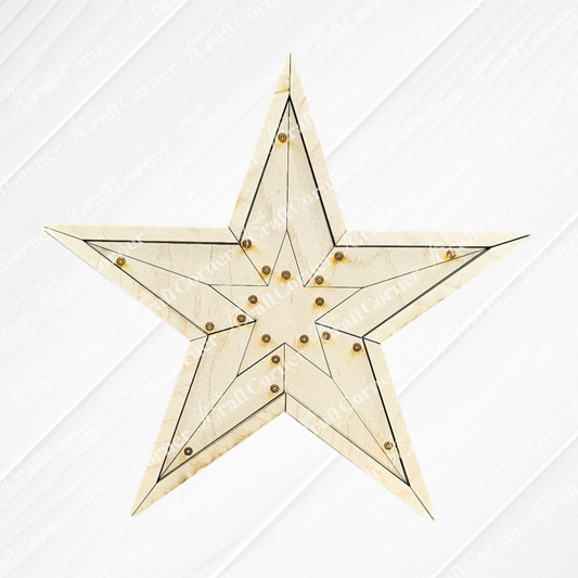 The Rustic Star Shelf Leaner by Janet's Craft Corner features unfinished wood with engraved black lines and brass studs at each point, ideal for displaying on a shelf against a light textured backdrop.