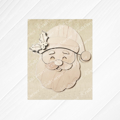 Janet's Craft Corner Merry Midcentury Modern Switchable Farmhouse Sign: A wooden Santa face with a jolly smile, fluffy beard, and festive hat—perfect for switchable décor or pairing with DIY craft kits. Light textured beige background. Set of 1.