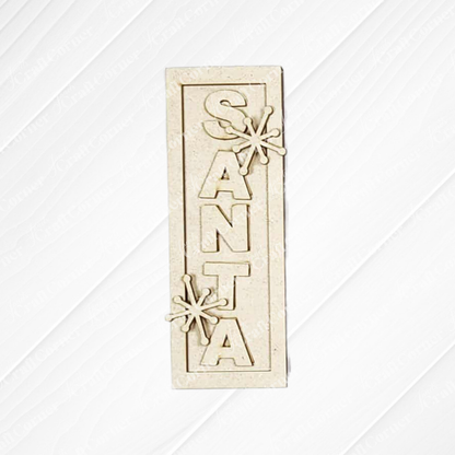 Add festive charm to your home with this rectangular beige plaque from Janet's Craft Corner’s North Pole Decor Set, featuring cutout “SANTA” letters and two starburst shapes—a perfect holiday accent.
