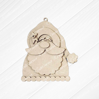 Janet's Craft Corner Santa Ornaments - DIY holiday craft kit (Set of 1): An unfinished wooden ornament with hat, beard, mustache, and pompom—perfect for festive decorating or holiday crafts—shown on a textured white background.