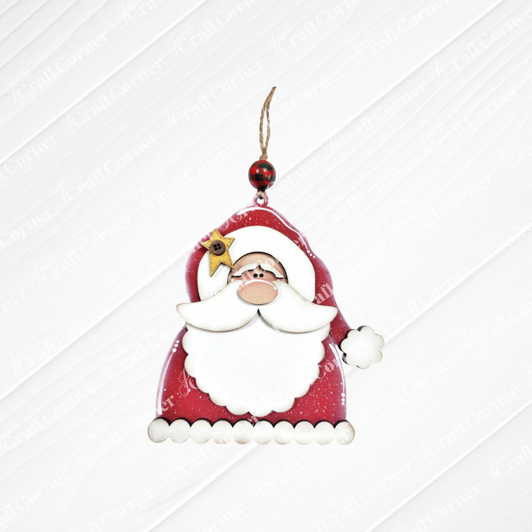Add festive cheer with Janet's Craft Corner Santa Ornaments - DIY holiday craft kit - Set of 1, featuring a Santa in red suit, white beard, and hat holding a yellow star. Great for ornament lovers or DIY holiday projects.