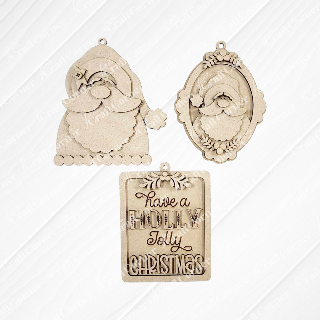 The Santa Ornaments by Janet's Craft Corner includes three unfinished wood Santa ornaments and a "Have a Holly Jolly Christmas" sign—ideal festive decorations for DIY crafting.