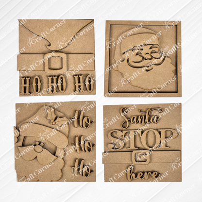 Santa Squares by Janet's Craft Corner is a DIY craft kit with four brown cardboard cutouts featuring festive Christmas designs: Santa’s suit with “HO HO HO,” Santa’s face, Santa and “Ho Ho Ho,” plus “Santa STOP here.” Perfect for swappable decor!.