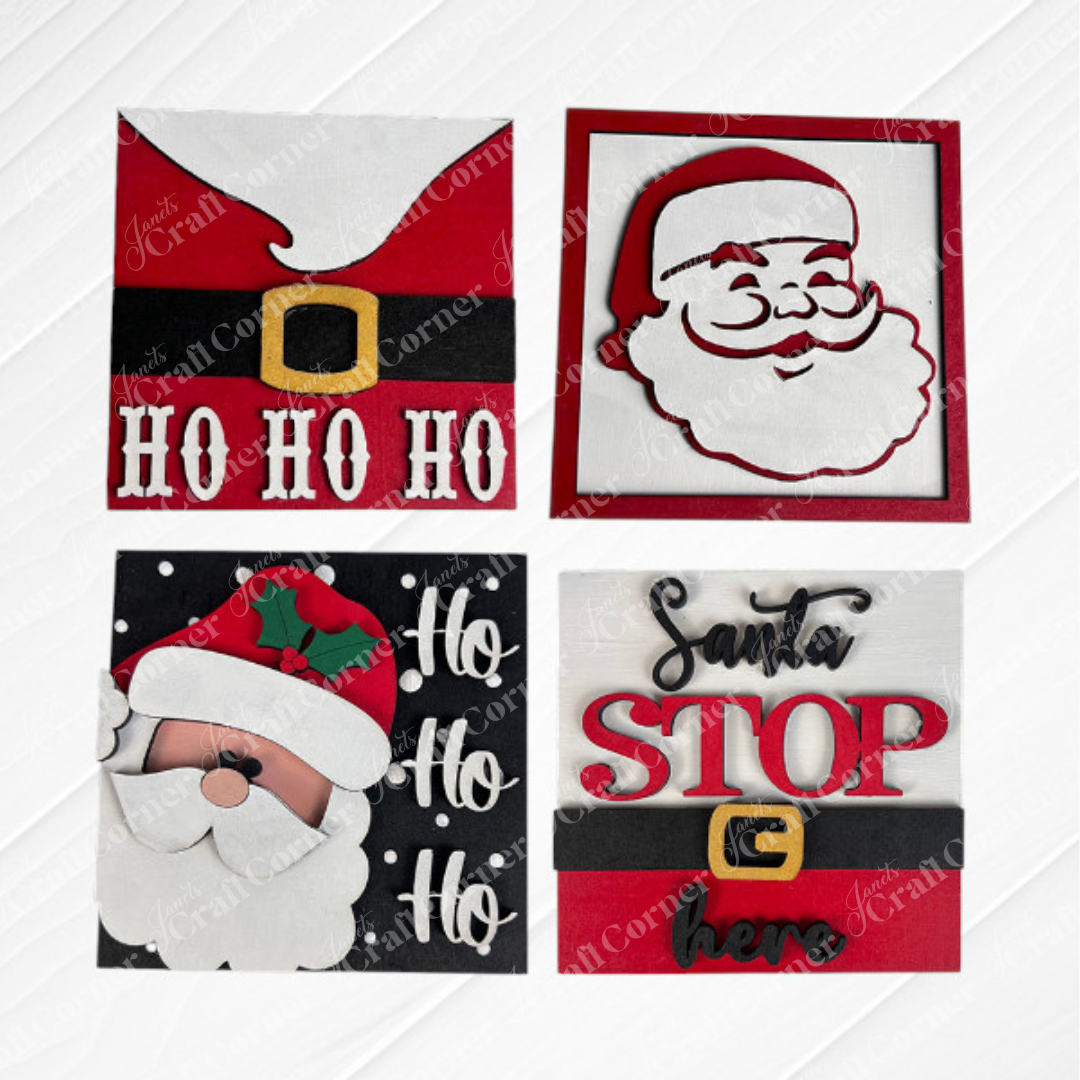 Santa Squares by Janet's Craft Corner includes four festive Christmas cards: "HO HO HO" with Santa's belt, Santa’s face, "Ho Ho Ho," and "Santa STOP here"—perfect for DIY decor or craft kits.