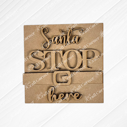 Santa Squares by Janet's Craft Corner is a wooden sign kit featuring layered cutout text "Santa STOP here" on a subtly striped background—ideal for DIY seasonal home decor.