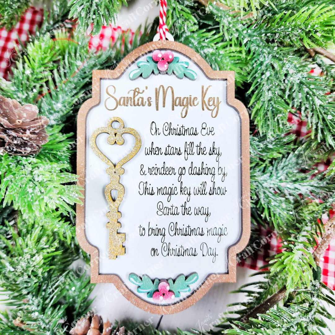 The North Pole Ornaments DIY craft kit by Janet's Craft Corner features a festive ornament with a gold key and "Santa's Magic Key" poem, surrounded by greenery and red berries—ideal for holiday crafting or seasonal home decor.