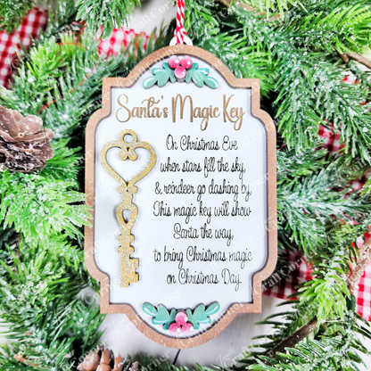 The North Pole Ornaments DIY craft kit by Janet's Craft Corner features a festive ornament with a gold key and "Santa's Magic Key" poem, surrounded by greenery and red berries—ideal for holiday crafting or seasonal home decor.