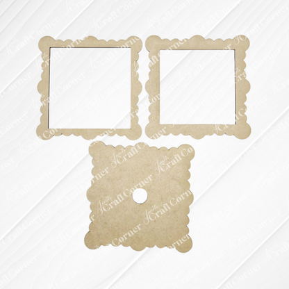 Janet's Craft Corner Scallop Ruffle Square Frames—three kraft paper frames with scalloped edges (two with open centers, one with a round hole)—are arranged in a triangle for charming farmhouse-style DIY decor.