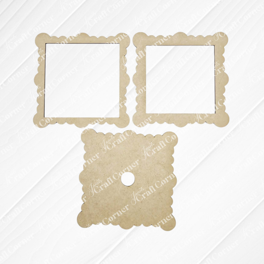 Janet's Craft Corner Scallop Ruffle Square Frames—three kraft paper frames with scalloped edges (two with open centers, one with a round hole)—are arranged in a triangle for charming farmhouse-style DIY decor.