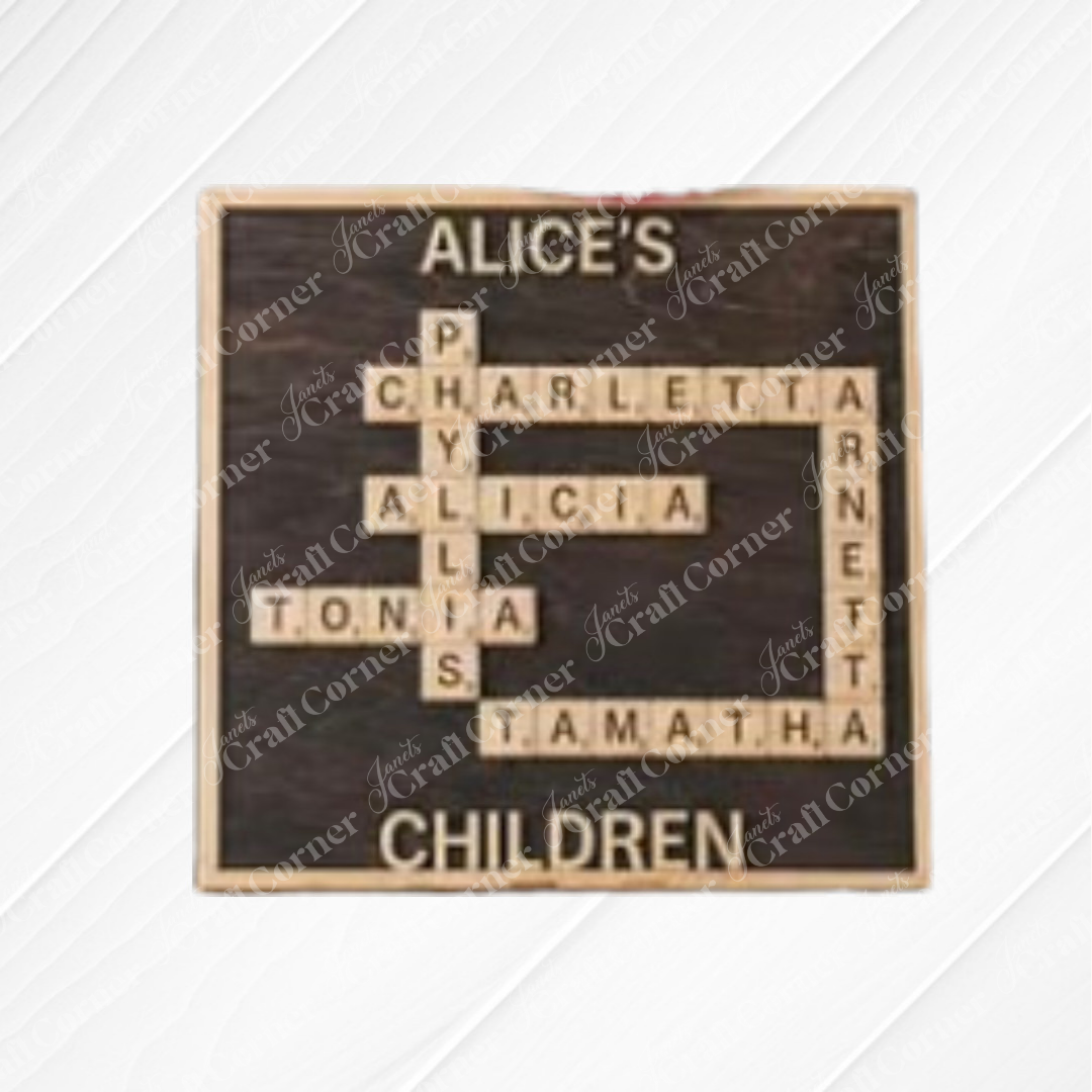The Scrabble Board Sign by Janet's Craft Corner features custom names arranged crossword-style from wooden Scrabble tiles—perfect as a personalized teacher gift or engraved family wood sign.
