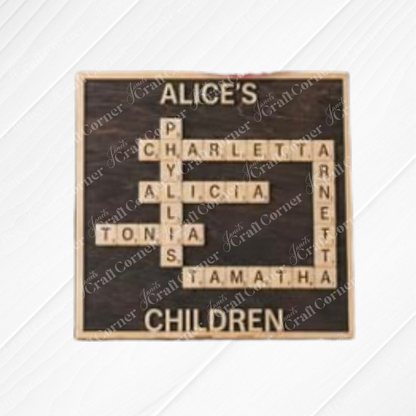 The Scrabble Board Sign by Janet's Craft Corner features custom names arranged crossword-style from wooden Scrabble tiles—perfect as a personalized teacher gift or engraved family wood sign.