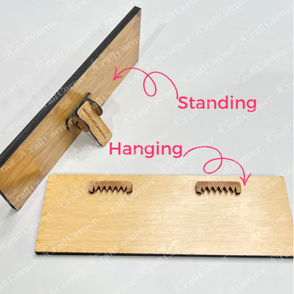 Two Personalized Mom Signs from Janet's Craft Corner are shown. One stands upright with a labeled "Standing" wooden stand, while the other features two sawtooth hangers on the back, labeled "Hanging.