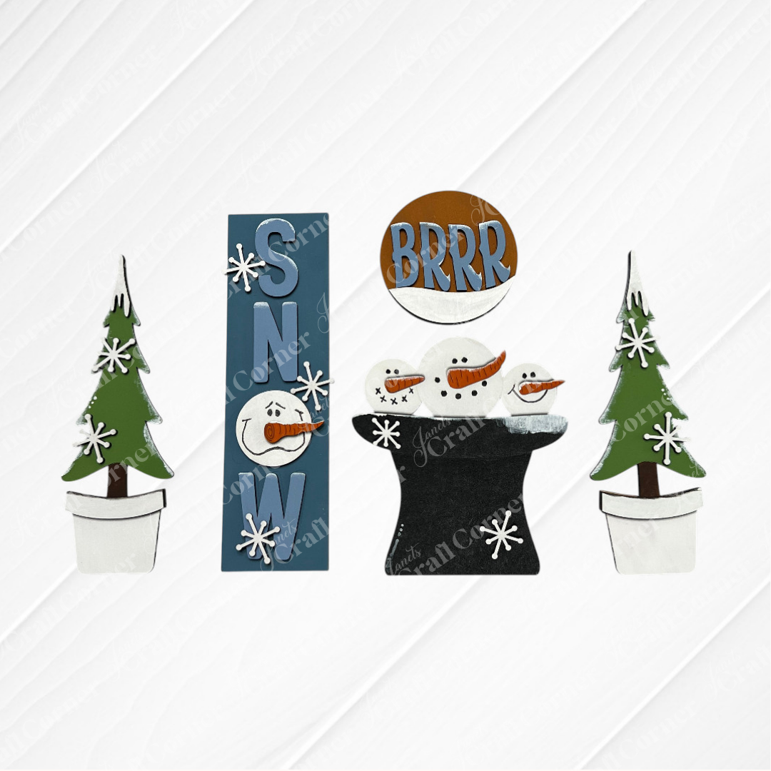 Create five winter-themed DIY home decor pieces—including two potted pines, a "SNOW" sign, a round "BRRR" sign, and a snowman hat—with Janet's Craft Corner Snow Interchangeable Porch Set, featuring unfinished wood and snowflake accents.