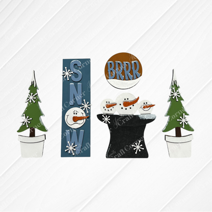 Create five winter-themed DIY home decor pieces—including two potted pines, a "SNOW" sign, a round "BRRR" sign, and a snowman hat—with Janet's Craft Corner Snow Interchangeable Porch Set, featuring unfinished wood and snowflake accents.