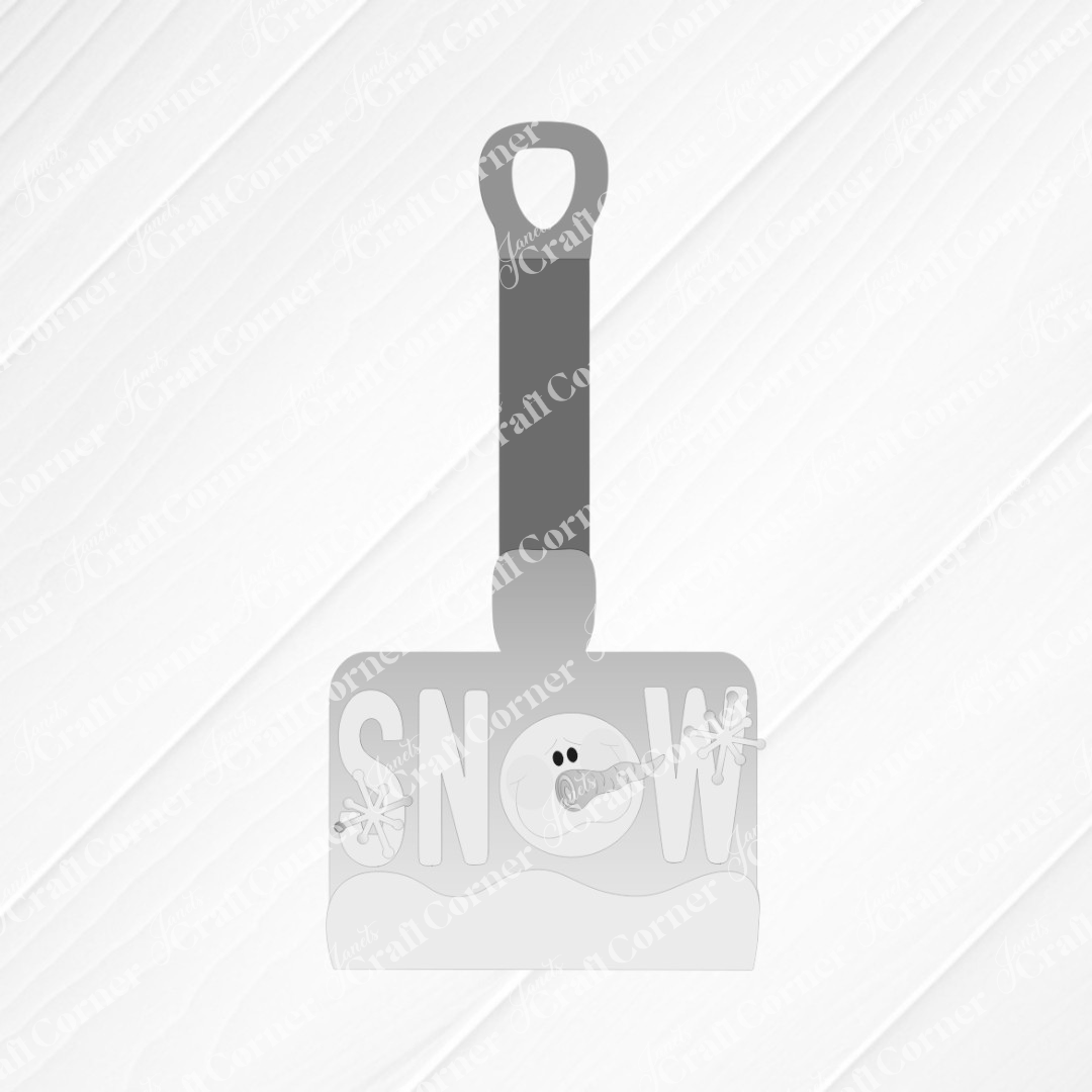 The Winter Snow Shovel Shelf Sitter DIY kit by Janet's Craft Corner features a gray shovel with “SNOW” cutouts and a snowman in the “O”—a charming winter décor piece for your home. Set of 1.