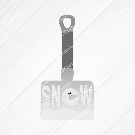 The Winter Snow Shovel Shelf Sitter DIY kit by Janet's Craft Corner features a gray shovel with “SNOW” cutouts and a snowman in the “O”—a charming winter décor piece for your home. Set of 1.
