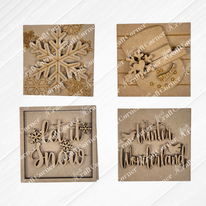 Snow Squares by Janet’s Craft Corner: four square, brown, laser-cut ornaments—snowflake, snowman parts, “let it snow,” and “Winter Wonderland” with birds—are a perfect DIY seasonal home decor craft kit with a wood-textured finish.