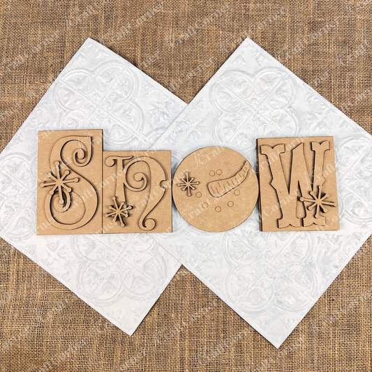 Snow Word Block Shelf Sitter DIY craft kit by Janet's Craft Corner