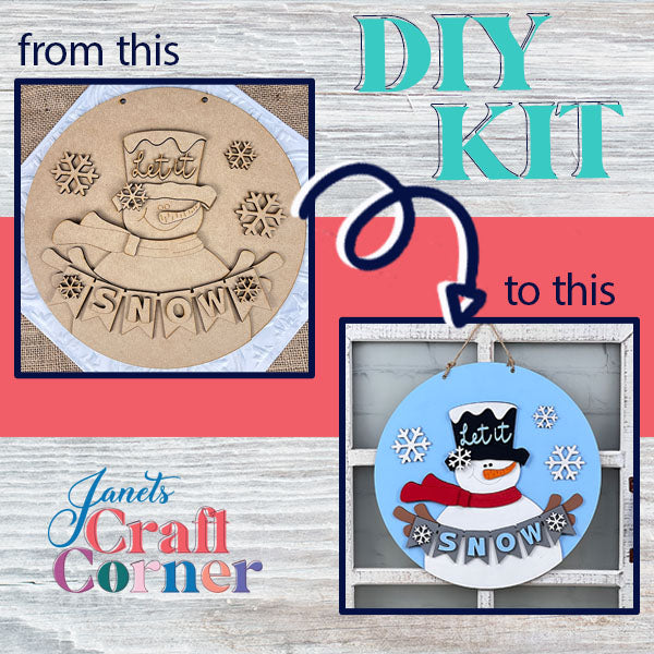 Unleash your creativity with Janet's Craft Corner! Start with the Snowman Let It Snow Door Hanger DIY kit, featuring unassembled snowman-themed craft pieces, and transform them into a delightful door hanger adorned with a "Let it Snow" sign. Ideal for adding charm to your holiday decor!