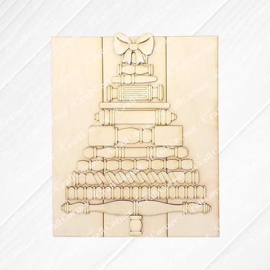 Janet's Craft Corner Spindle Christmas Tree Shelf Leaner is a DIY seasonal home decor craft kit featuring spindle-shaped pieces in a tiered tree design with a bow—perfect for adding festive cheer to your holiday décor. Set of 1.