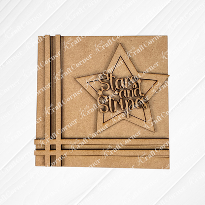 The Patriotic Squares DIY craft kit from Janet's Craft Corner features a square brown wooden plaque with a star outline and “Stars and Stripes” cutout letters—perfect for Independence Day décor.