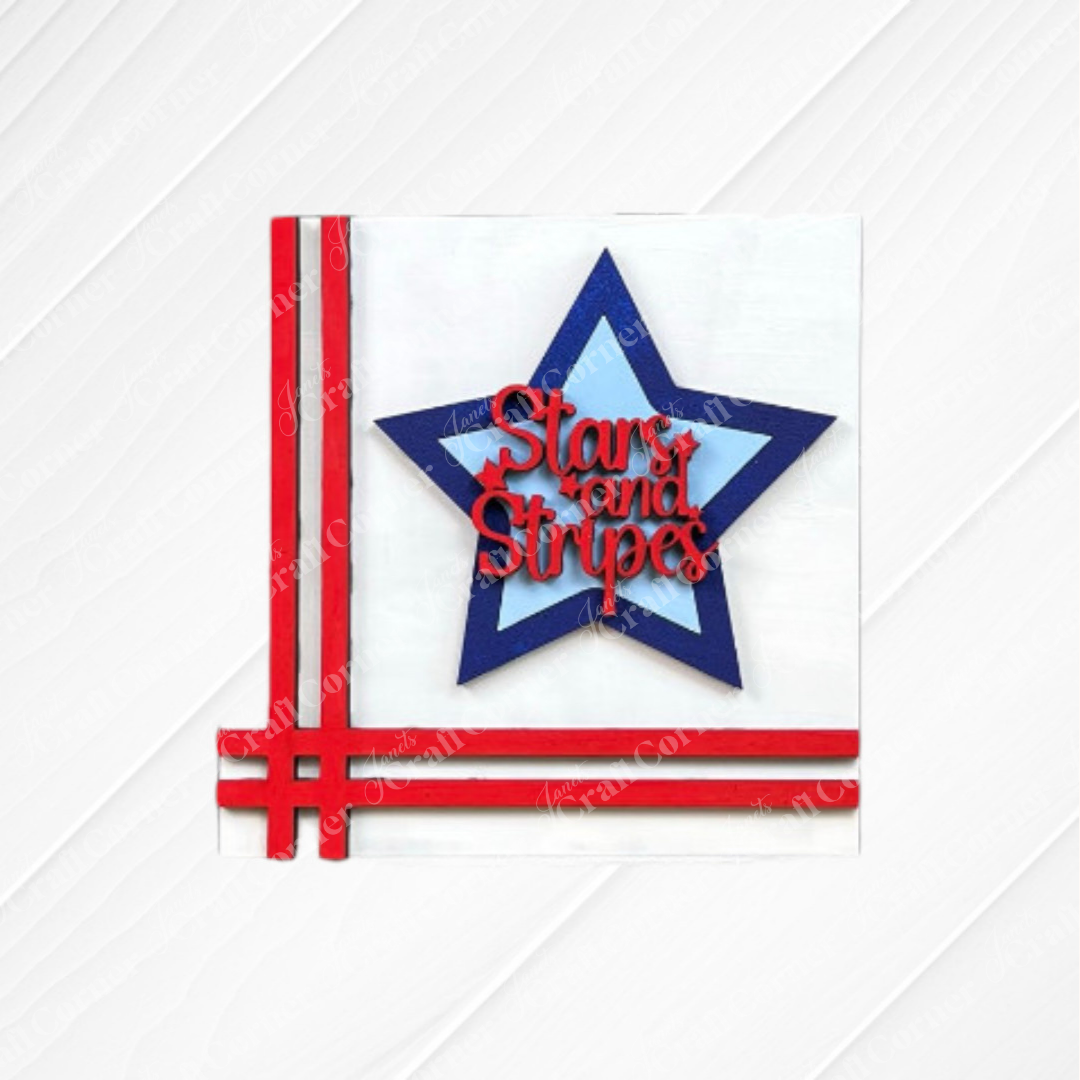 Add festive flair to your home with Janet's Craft Corner's Patriotic Squares DIY kit—a decorative card with a blue star, red "Stars and Stripes" script, and striped trim, perfect for Independence Day or any patriotic project.
