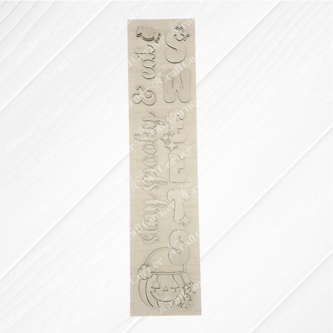 Janet's Craft Corner Stay Spooky Eat Sweets Porch Leaner DIY kit includes wooden cutouts like a witch hat, cat, bat, and pumpkin—everything you need for spooky Halloween home décor! Set of 1, perfect for your next craft project.