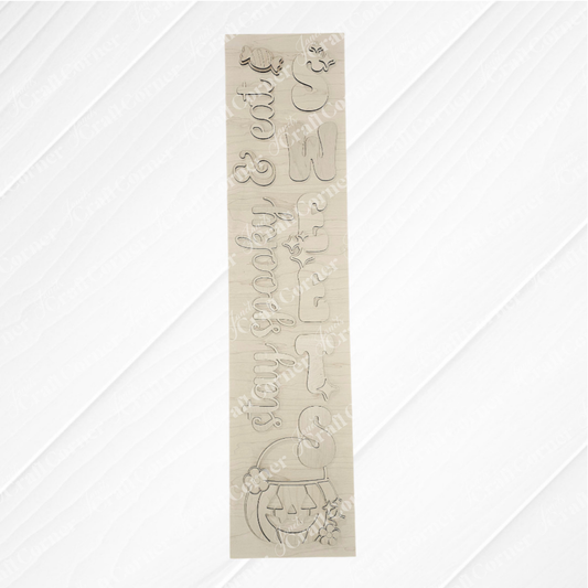 Janet's Craft Corner Stay Spooky Eat Sweets Porch Leaner DIY kit includes wooden cutouts like a witch hat, cat, bat, and pumpkin—everything you need for spooky Halloween home décor! Set of 1, perfect for your next craft project.