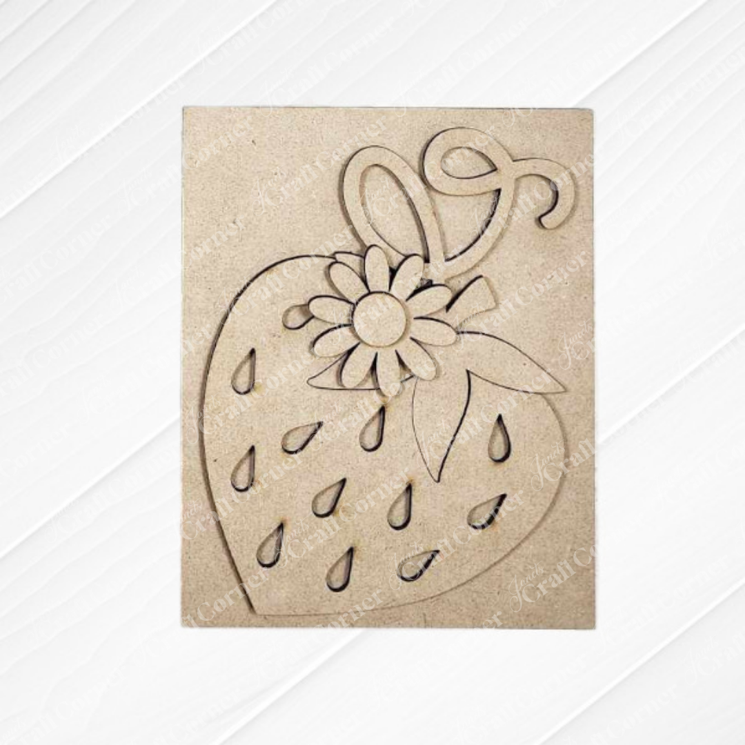 Janet's Craft Corner Strawberry Farmhouse Sign DIY kit: laser-cut wooden panel featuring strawberry, flower, leaves & seeds in a decorative pattern—ideal for making your own seasonal home decor.
