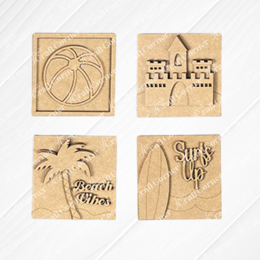 Janet's Craft Corner’s Summer Beach Squares DIY kit includes four square wooden coasters with beach ball, sandcastle, “Beach Vibes” palm tree, and “Surf’s Up” surfboard designs—perfect for small spaces or as tiered tray signs.