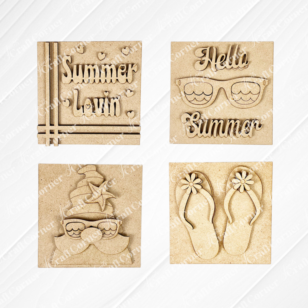 Janet's Craft Corner Summer Lovin Swappable Squares DIY kit includes: "Summer Lovin'" with hearts, "Hello Summer" with sunglasses, seashell/starfish on a mustache, and floral flip-flops—perfect tiered tray decor!.