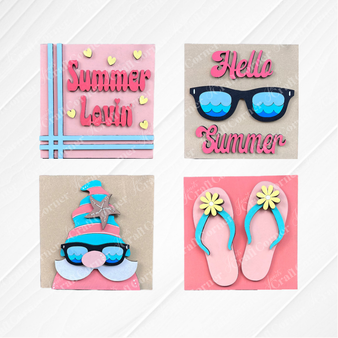 Janet's Craft Corner Summer Lovin Swappable Squares DIY kit includes four summer-themed wood cut-outs—hearts and stripes, sunglasses, beach scene, and flip-flops with yellow flowers—perfect for tiered tray decor.