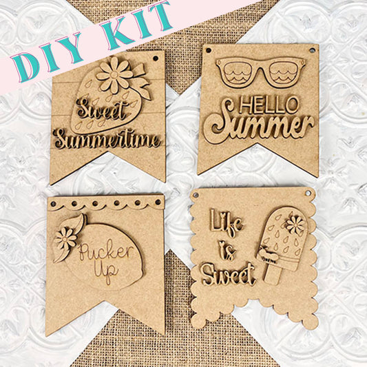 Janet's Craft Corner presents the Summer Mini Signs DIY kit, featuring four wooden flag banners perfect for summer home decor. Each mini sign includes playful designs such as "Sweet Summertime" with a flower, "Hello Summer" with sunglasses, "Pucker Up" with a lemon, and "Life is Sweet" with a popsicle—all set against a textured background to enhance your seasonal space.