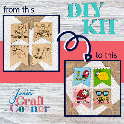 The Summer Mini Signs DIY Kit by Janet's Craft Corner includes delightful wooden cutouts featuring phrases like "Hello Summer" and "Sweet Summertime." Transform blank wood into colorful designs decorated with daisies, sunglasses, and a popsicle, ideal for brightening up your home decor.