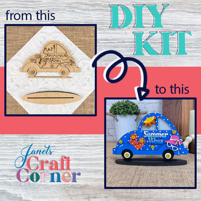 Experience the transformation with the Summer Vibes Volkswagen DIY kit! On the left is an unpainted wooden car shape featuring "Summer Vibes" and flower cutouts reminiscent of a classic Volkswagen. On the right, see how it comes to life as a vibrant blue design adorned with colorful details, flowers, and sunglasses. From this to this—perfect for home décor! Available at Janet's Craft Corner.