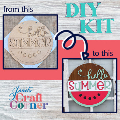 Elevate your space with the Hello Summer Watermelon Round from Janet's Craft Corner. This kit helps you transform an unfinished wood sign bearing "hello SUMMER" into a lively home décor piece adorned with a delightful watermelon motif, capturing the essence of the season. An arrow highlights the transformation journey "from this to this.