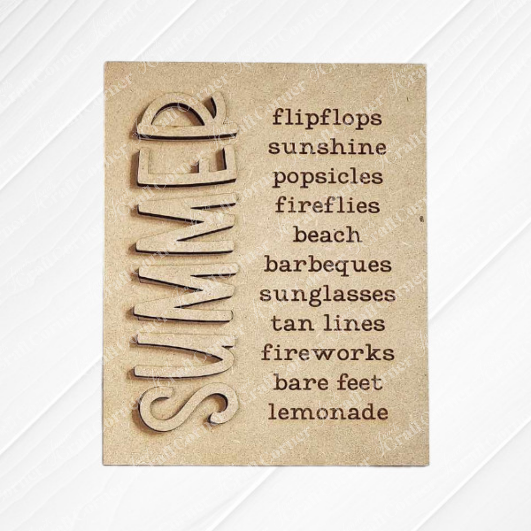 Janet's Craft Corner Summer Switchable Farmhouse Sign—DIY kit includes a tan card with "SUMMER" on the left and summer words on the right, perfect for rustic seasonal decor or farmhouse-inspired crafts. Set of 1.
