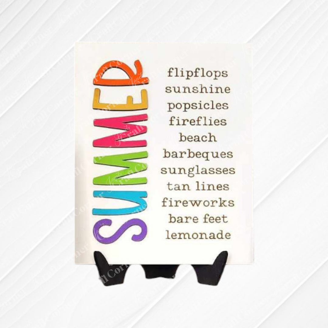 Janet’s Craft Corner Summer Switchable Farmhouse Sign DIY kit features “SUMMER” in colorful letters with words like flipflops, sunshine, and lemonade—a perfect rustic accent or inspiration for your own craft projects. Set of 1.