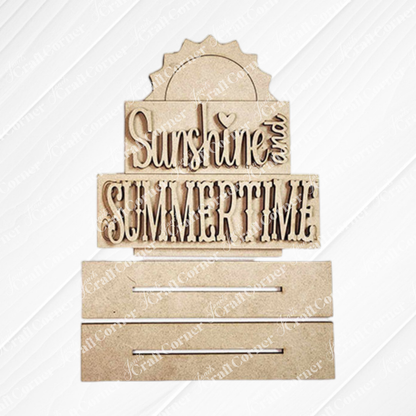 Janet's Craft Corner Hello Summer Decor Set - Summer DIY Craft Kit includes 4 laser-cut wooden pieces with "Sunshine and SUMMERTIME" in decorative fonts, featuring a sun shape and three blank rectangular sections for summer home décor.