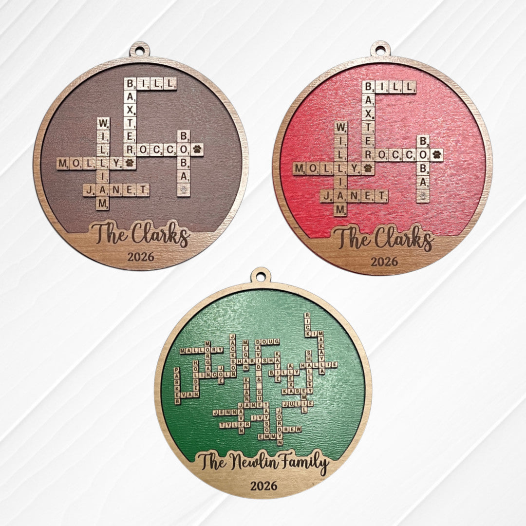 Family Scrabble Ornament - holiday ornament - Choice of color and wood finish