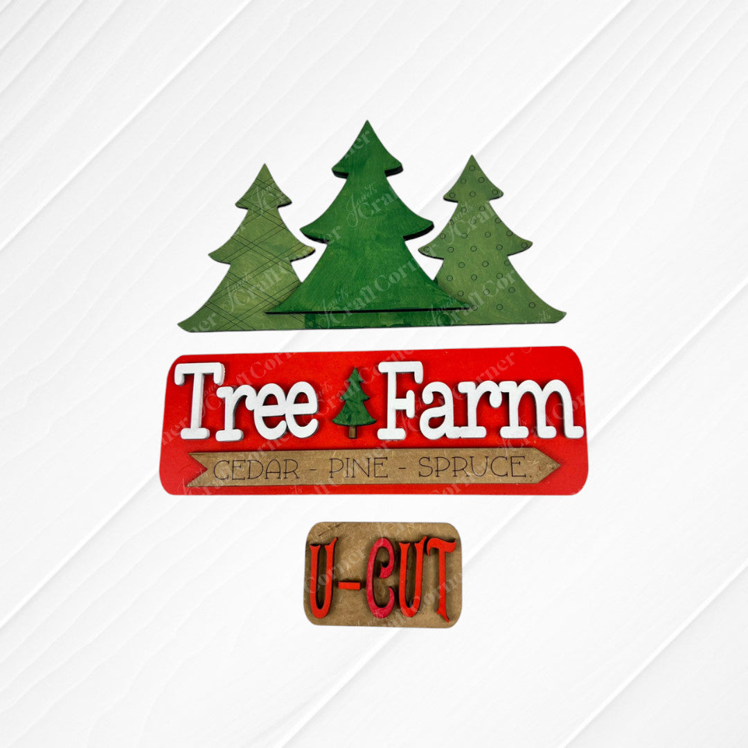 The "Tree Farm Interchangeable Insert" from Janet's Craft Corner is a delightful DIY home decor kit that includes three wooden tree cutouts in different shades of green. The sign displays the words "Cedar - Pine - Spruce," on a red background along with a smaller, eye-catching red-lettered sign stating "U-CUT," making it an ideal choice for holiday decorating.
