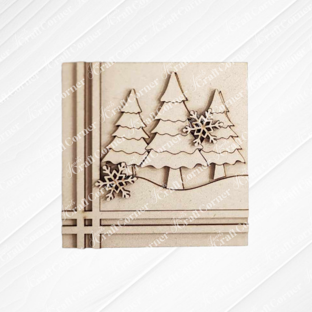 The Mistletoe Swappable Squares DIY craft kit by Janet's Craft Corner features layered wooden Christmas trees, snowflakes, and etched ribbon details. Perfect for your festive tiered tray decor—choose from 4 seasonal designs.