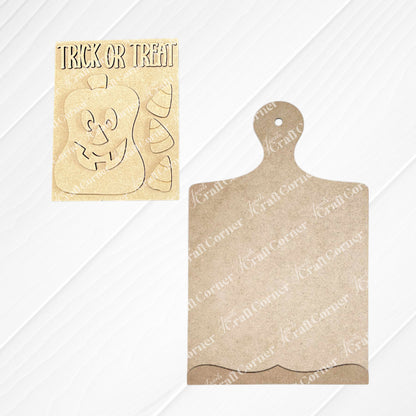 Add a touch of farmhouse charm to your unfinished wood craft kit projects with Janet’s Craft Corner’s “Trick or Treat Pumpkin Farmhouse Sign & Breadboard Sign Holder Class”—a laser-cut wooden sign featuring a pumpkin face and candy corn, displayed alongside a rustic breadboard sign holder on a white wood background.