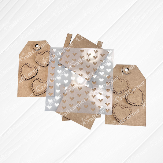 Janet's Craft Corner Valentine Gift Card Tags—DIY seasonal home decor craft kit (Set of 2)—feature scalloped heart cutouts and a plastic stencil, ideal for handmade keepsakes on a white textured background.
