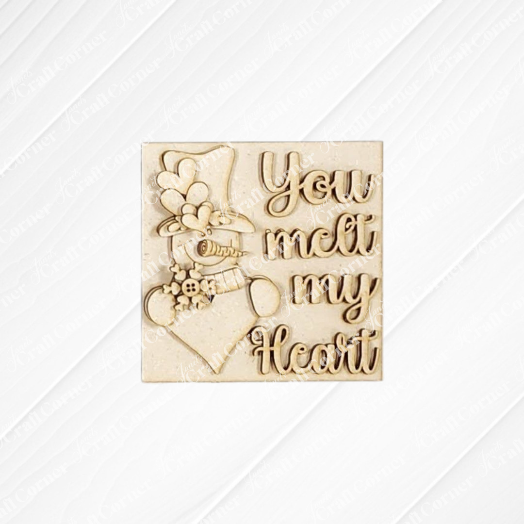 Create adorable snowmen with Janet's Craft Corner's Valentine Snowmen Decor Set—a DIY kit featuring a light beige wood plaque engraved with "You melt my Heart," plus hat, hearts, and flowers accents for charming seasonal decor.