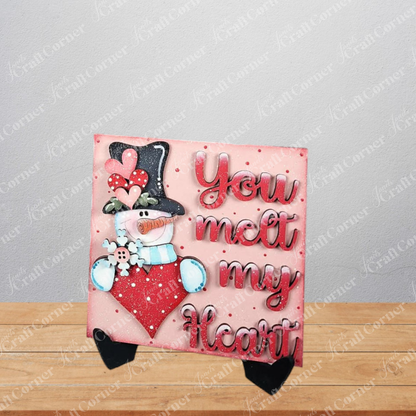 Janet's Craft Corner Valentine Snowmen Decor Set is a DIY seasonal home decor craft kit featuring a snowman, red hearts, and "You melt my heart”—perfect as a charming snowman shelf sitter or handmade Valentine’s decoration.