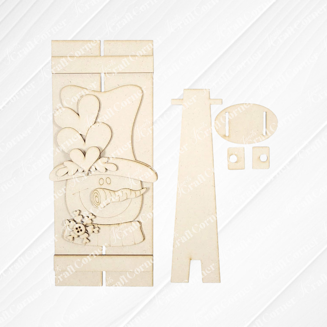 Janet's Craft Corner Valentine Snowman Table Top Pallet Shelf Leaner kit includes unassembled wooden parts with heart accents—ideal for DIY seasonal décor or a cute winter craft display. Set of 1.