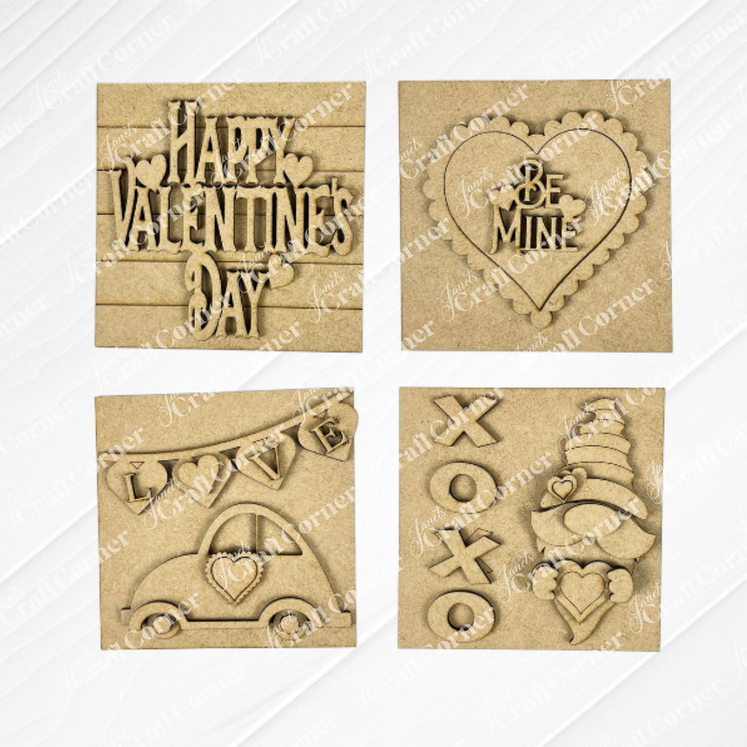 Janet's Craft Corner's Valentine Squares includes four brown square cutouts with "Be Mine," "Happy Valentine's Day," a love car, and festive icons—ideal for DIY home decor or display on tiered trays.
