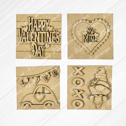 Janet's Craft Corner's Valentine Squares includes four brown square cutouts with "Be Mine," "Happy Valentine's Day," a love car, and festive icons—ideal for DIY home decor or display on tiered trays.