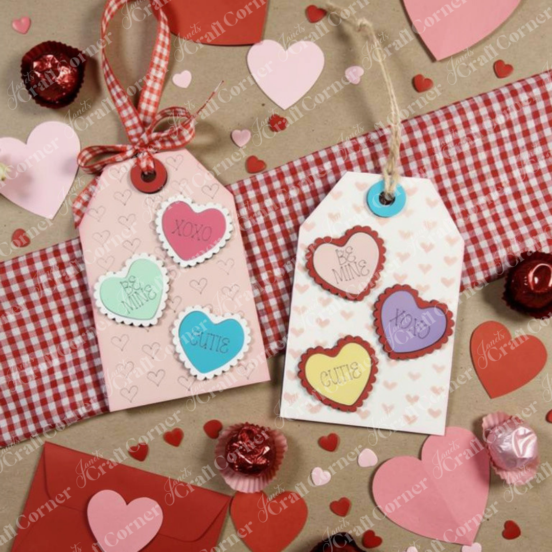 Janet's Craft Corner Valentine Gift Card Tags—DIY seasonal home decor craft kit, set of 2—features heart cutouts and sweet messages, ideal as handmade keepsakes or creative gift tags for Valentine's Day.